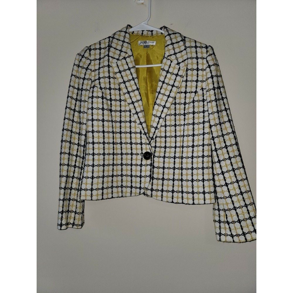 Pendleton  Women's Blazer Jacket‎ White Navy Gold Plaid Single Button Petite 4